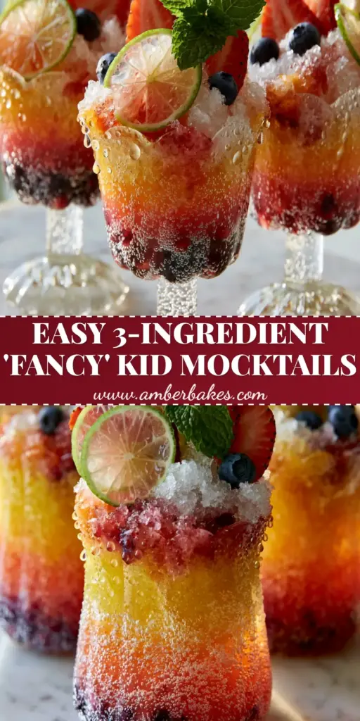 A vibrant layered mocktail for kids in scalloped glassware with ombre pomegranate juice, lime wheels, and mint on a marble counter.
