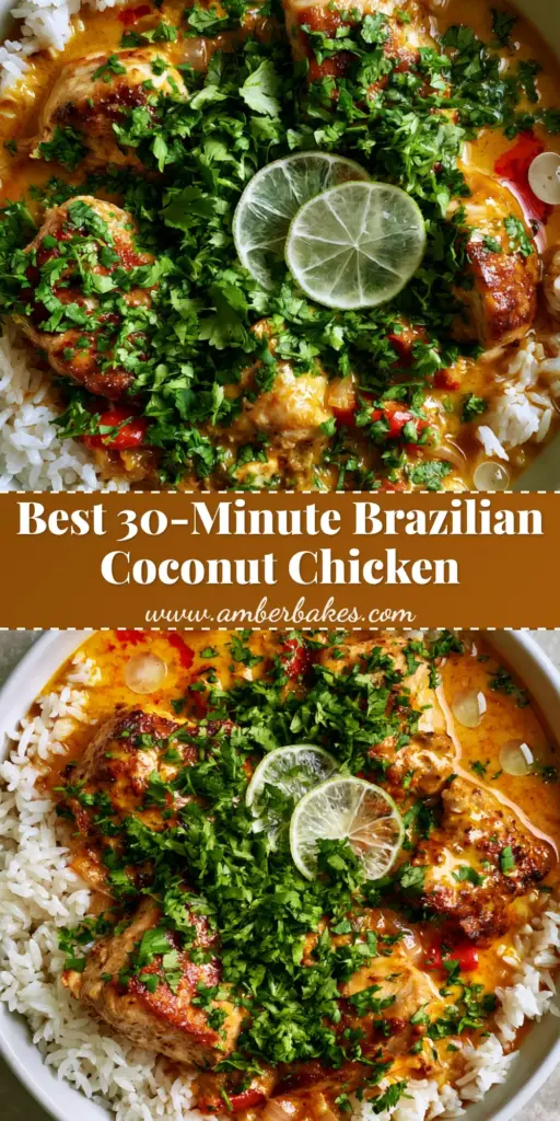 A white ceramic bowl filled with Brazilian Coconut Chicken, featuring seared chicken chunks in a golden sauce over jasmine rice, garnished with lime and cilantro.