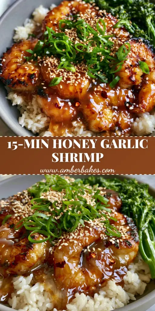 Shrimp Rice Bowl with Glossy Honey Garlic Glaze and Charred Broccolini 4 A close-up of a Shrimp Rice Bowl with glossy honey garlic shrimp, charred broccolini, and sesame seeds in a grey bowl.