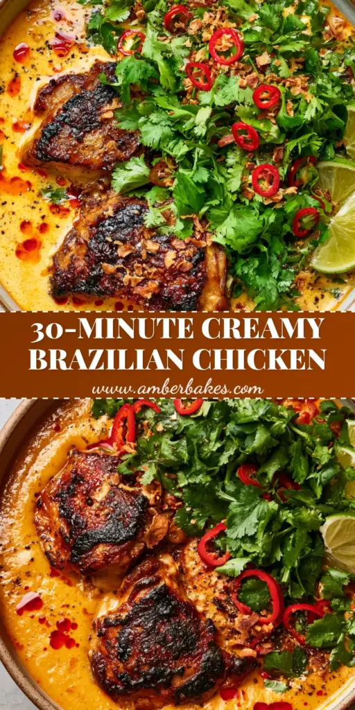 A rustic bowl of Spicy Brazilian Coconut Chicken with charred thighs, orange coconut sauce, and red chili oil swirls.