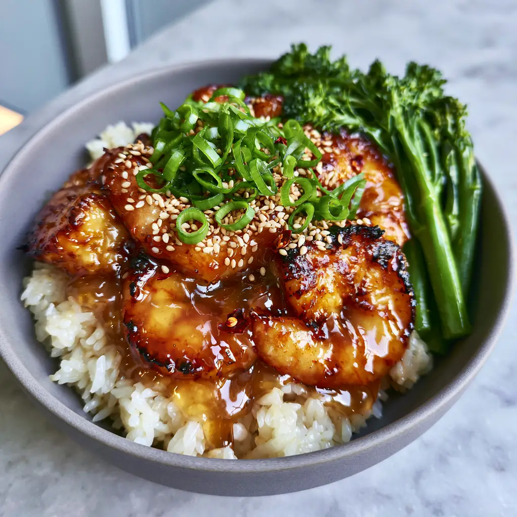Shrimp Rice Bowl with Glossy Honey Garlic Glaze and Charred Broccolini 2 Smartphone photo of a Shrimp Rice Bowl on a marble countertop with natural lighting and glistening honey glaze.