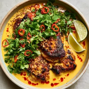 Overhead shot of Spicy Brazilian Coconut Chicken in a shallow ceramic bowl with fresh red chilies and cilantro.