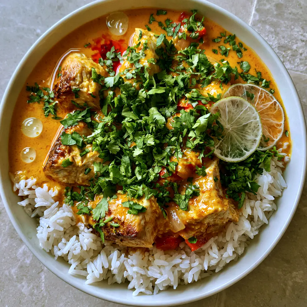 Close up of the creamy golden coconut sauce with red bell peppers and cilantro garnish.