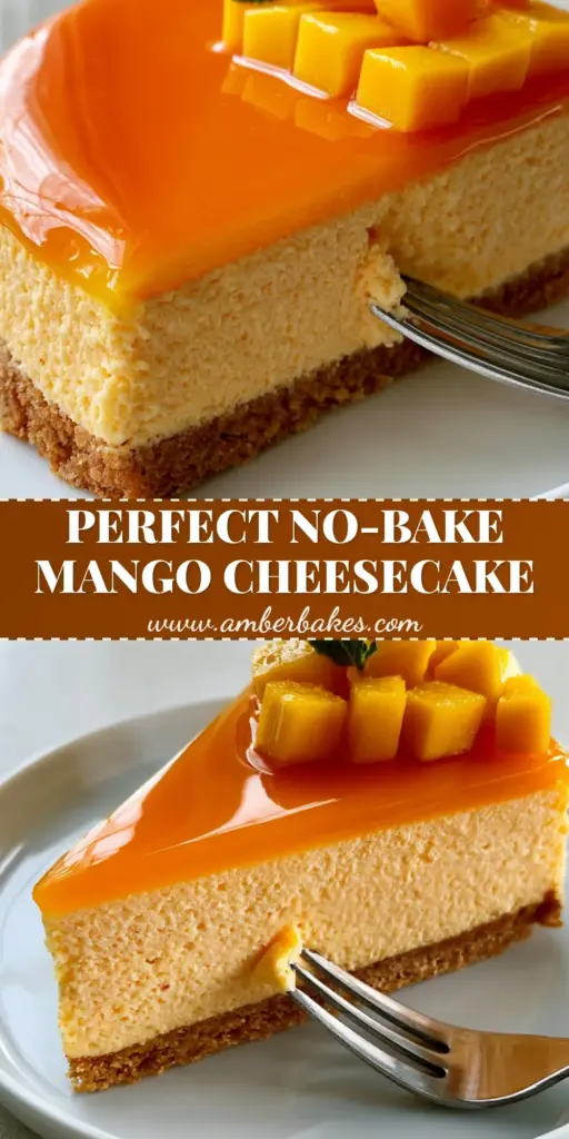 Mango Cheesecake Recipe: The Ultimate No-Bake Speculoos Mousse Cake 4 A tall slice of no-bake mango cheesecake with a thick Speculoos base and glossy mirror glaze on a white plate. (mango cheesecake recipe)