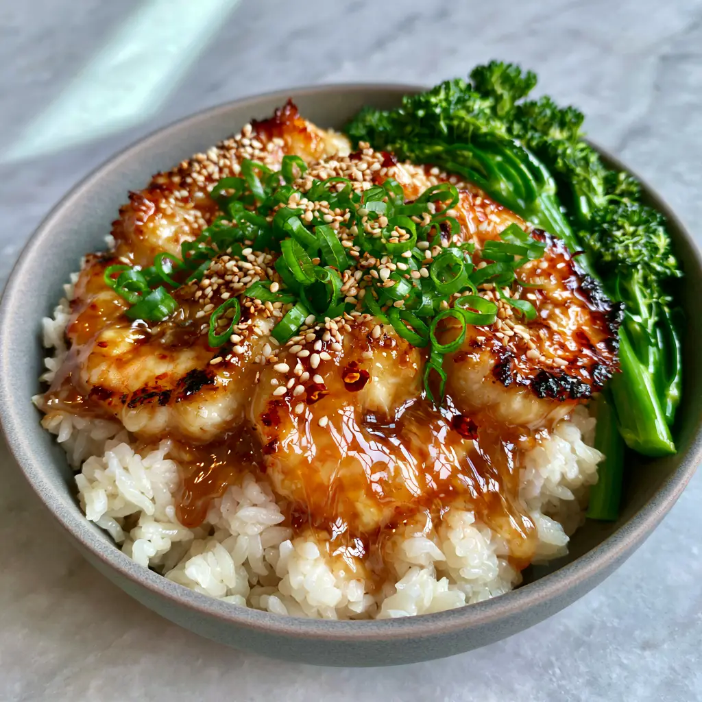 Shrimp Rice Bowl with Glossy Honey Garlic Glaze and Charred Broccolini 1 Overhead view of a Shrimp Rice Bowl showcasing fluffy jasmine rice and vibrant green scallion garnishes.
