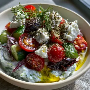 Extreme close-up macro shot of Greek appetizer recipes showing velvety tzatziki and glistening cherry tomato seeds.