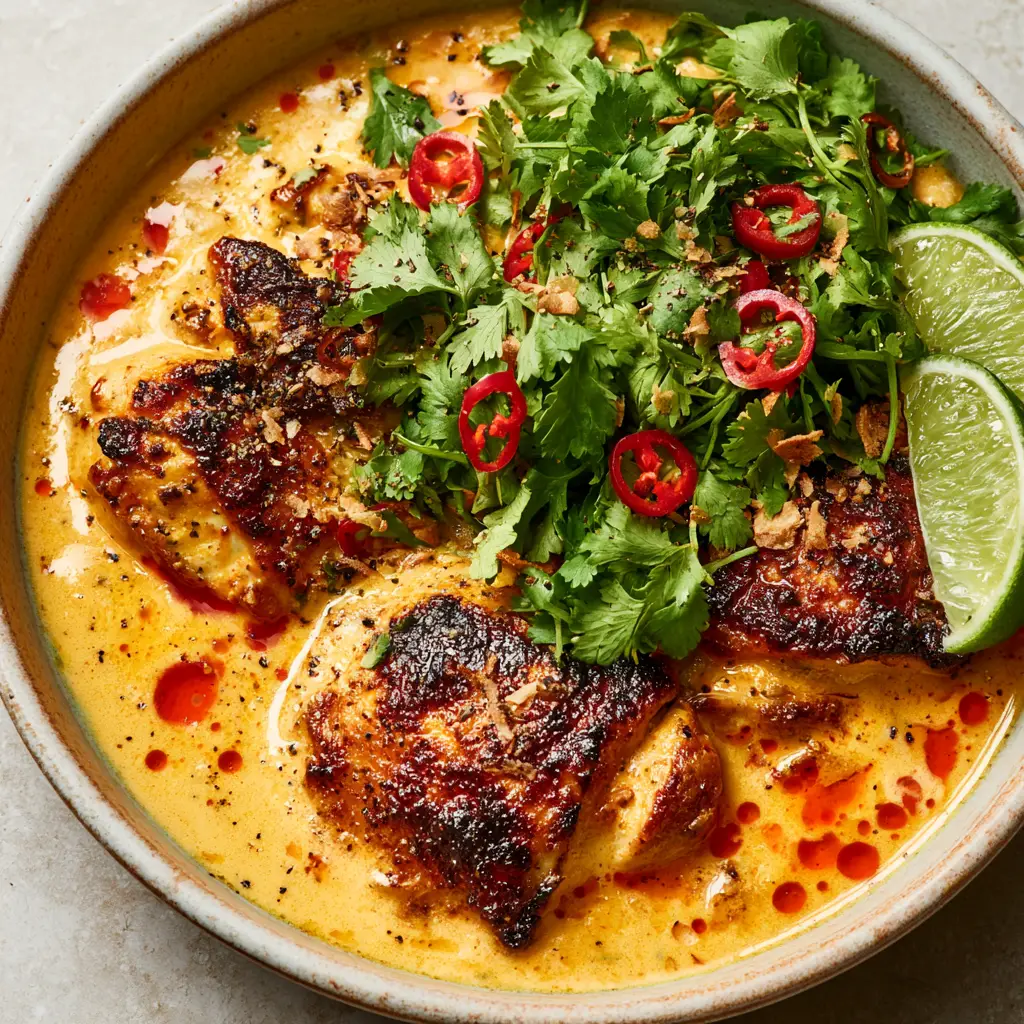 Close-up of pan-seared chicken thighs nestled in a golden-orange coconut sauce with lime wedges.