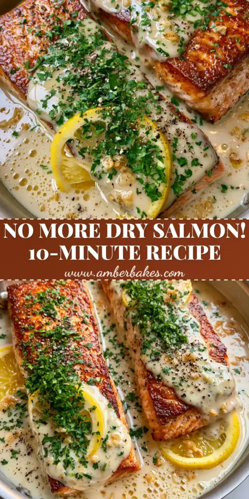 Creamy Sauce for Salmon: The Ultimate Garlic Butter Restaurant-Style Recipe 3 An overhead close-up of pan-seared salmon fillets in a stainless steel skillet, smothered in a creamy sauce for salmon with lemon wheels and parsley.