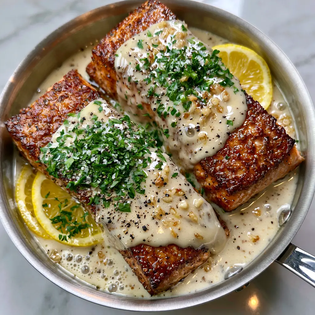 Creamy Sauce for Salmon: The Ultimate Garlic Butter Restaurant-Style Recipe 2 Close-up of caramelized salmon fillets resting in a thick pale-ivory creamy sauce for salmon, topped with minced garlic and cracked pepper.