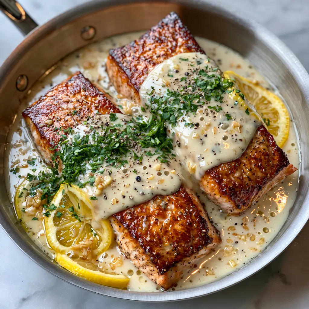 Creamy Sauce for Salmon: The Ultimate Garlic Butter Restaurant-Style Recipe 1 Overhead view of a stainless steel skillet containing two salmon fillets in a creamy sauce for salmon, garnished with lemon wheels and fresh parsley.