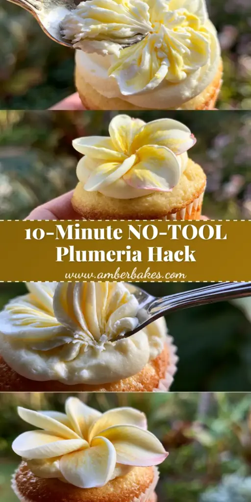 A close-up of a hand holding a finished plumeria cupcake with white and yellow buttercream petals and pink tips against a tropical garden background. (plumeria cupcakes)