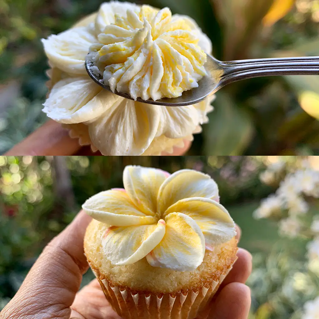 Split screen view showing a spoon pressing a petal shape into buttercream and a finished flower cupcake. (plumeria cupcakes)