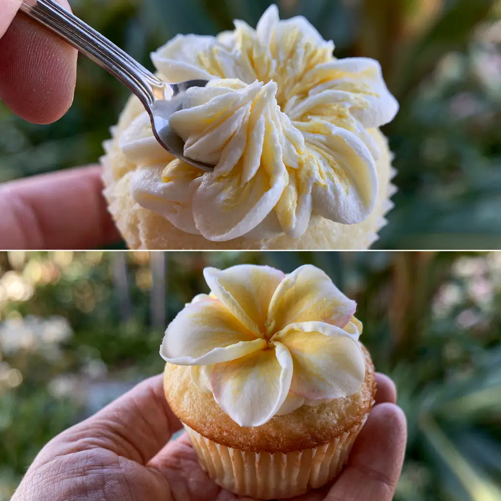 Overhead view of the decorating process for plumeria cupcakes showing the yellow centers.