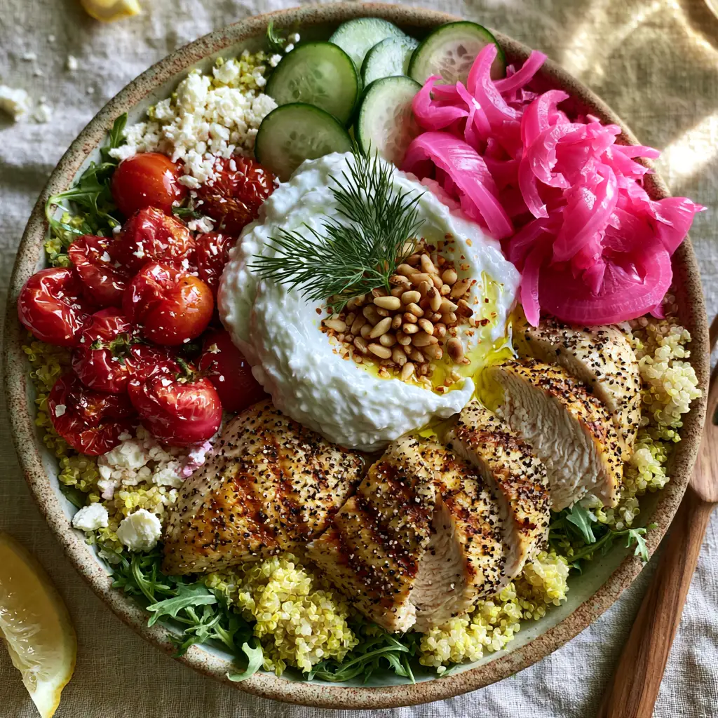 Close-up of golden seared chicken breast with grill marks and creamy tzatziki garnish.