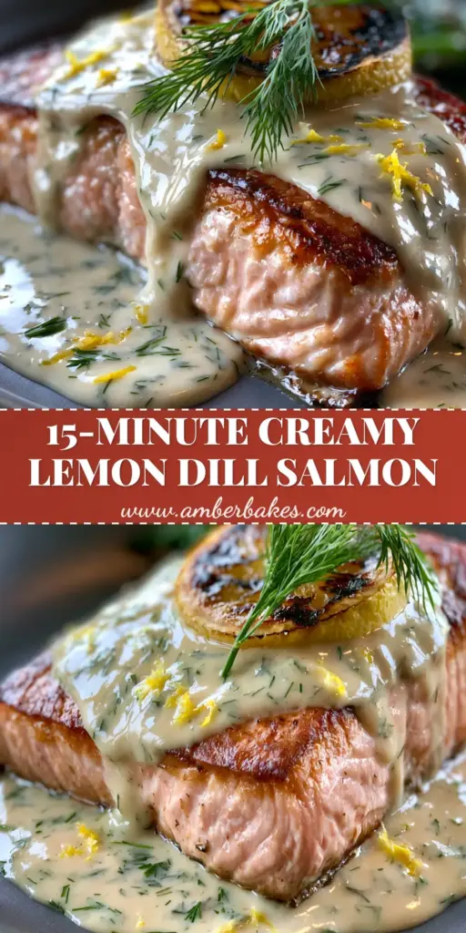A thick pan-seared salmon fillet with crispy golden skin, covered in a velvety white cream sauce with fresh dill and lemon zest, served on a charcoal plate. (salmon with lemon dill sauce)