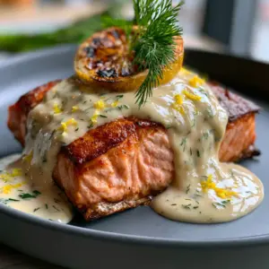 Close-up of a pan-seared salmon fillet showing the crispy golden-brown edges and flaky pink center. (salmon with lemon dill sauce)