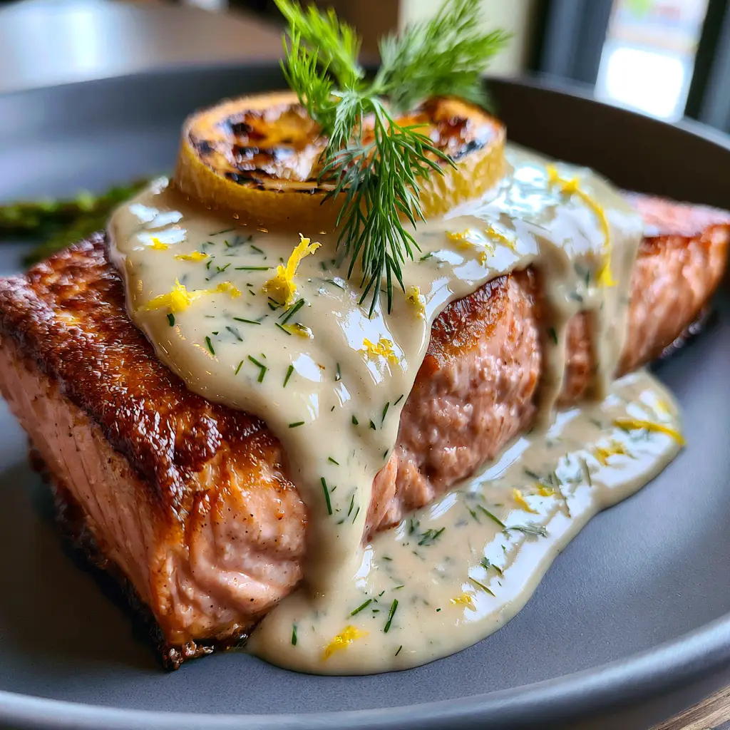 Salmon fillet generously draped in a glossy ivory cream sauce with fresh green dill and bright yellow lemon zest.