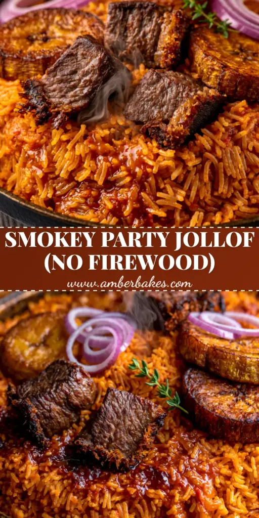 A top-down view of Nigerian party jollof rice in a cast iron pot with seared beef, fried plantains, and red onion garnish.