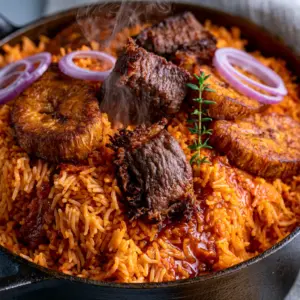 Macro close-up of glossy Nigerian party jollof rice grains coated in deep-red pepper sauce.