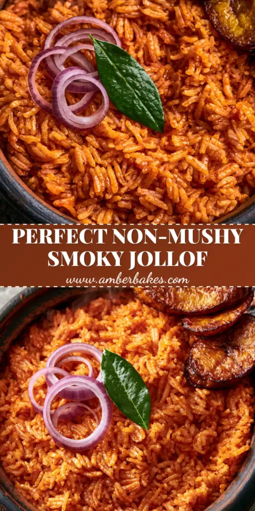 A vibrant reddish-orange pot of Nigerian Jollof Rice with glistening, distinct grains, topped with fresh red onion rings and a bay leaf, served with fried plantains and char-grilled chicken.