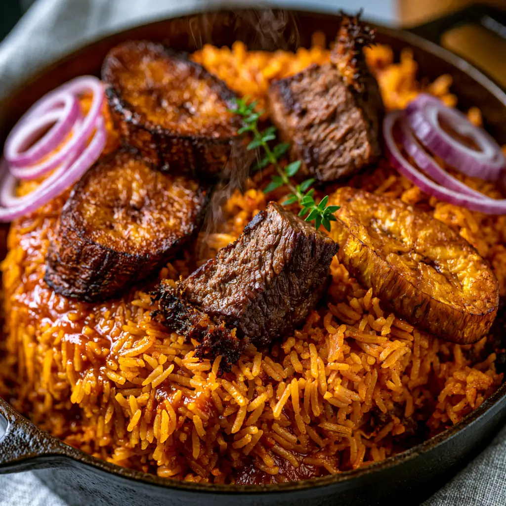 Seared beef chunks and caramelized plantains topping a pot of steaming Nigerian party jollof rice.
