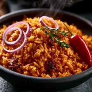 Macro close-up of Jollof Rice showing distinct sunset orange grains and charred caramelized bits.
