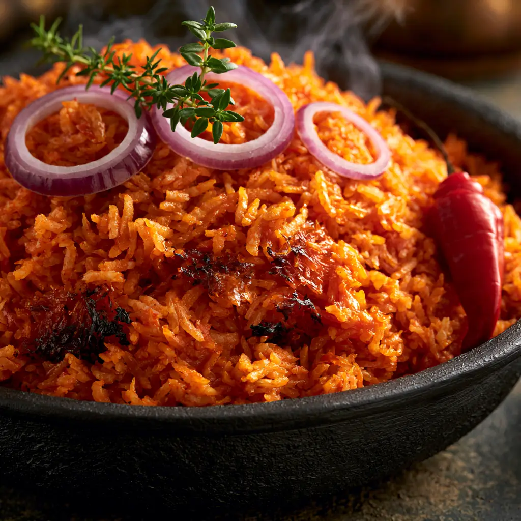 A close-up view of Jollof Rice garnished with sliced red onions and a whole red scotch bonnet pepper.