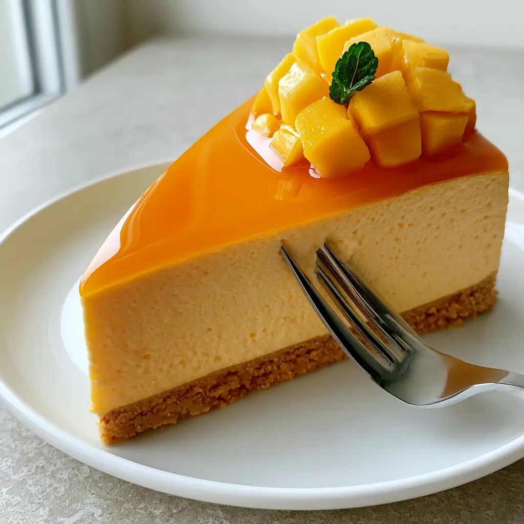 Mango Cheesecake Recipe: The Ultimate No-Bake Speculoos Mousse Cake 2 A close-up of a mango cheesecake slice showing the defined Speculoos crust and mango mousse layers. (mango cheesecake recipe)