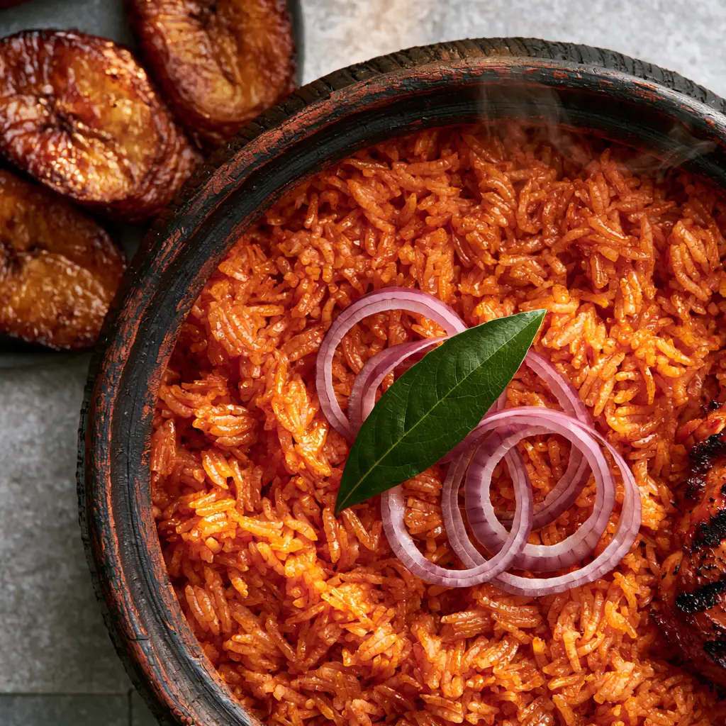 Close up of char-grilled chicken drumsticks and golden fried plantains served alongside Nigerian Jollof Rice.
