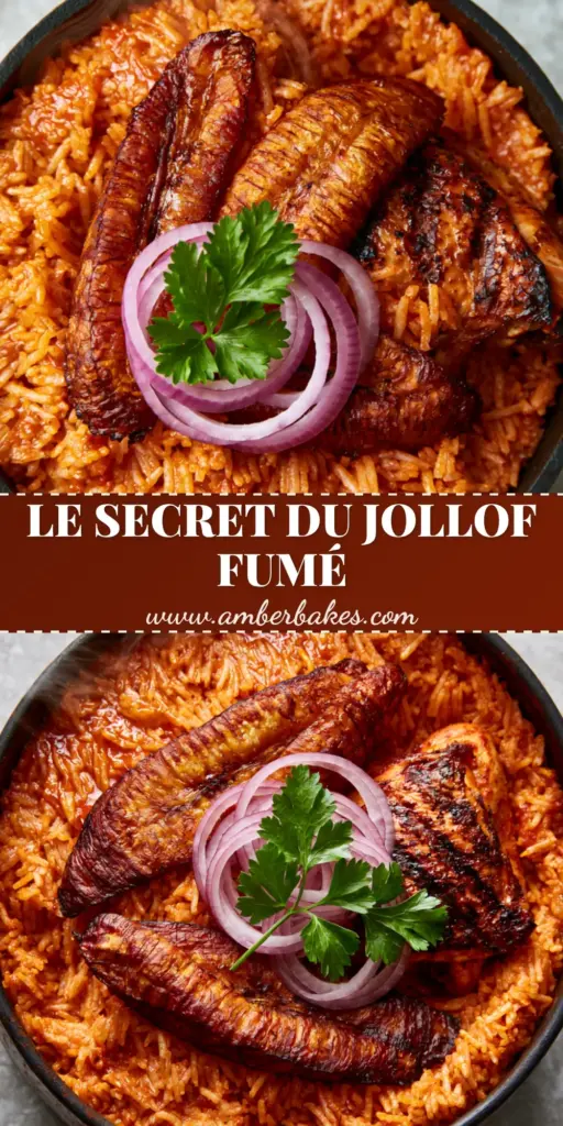 Riz Jollof Nigérian: The Ultimate Smoky Party Rice Recipe 4 A top-down view of Riz Jollof Nigérian in a black pot with caramelized plantains, grilled chicken, and red onion garnish.