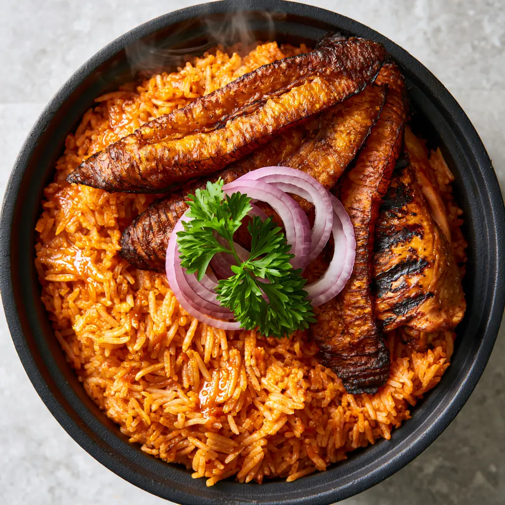 Riz Jollof Nigérian: The Ultimate Smoky Party Rice Recipe 2 Macro shot of glistening orange-red grains of Riz Jollof Nigérian with steam rising.