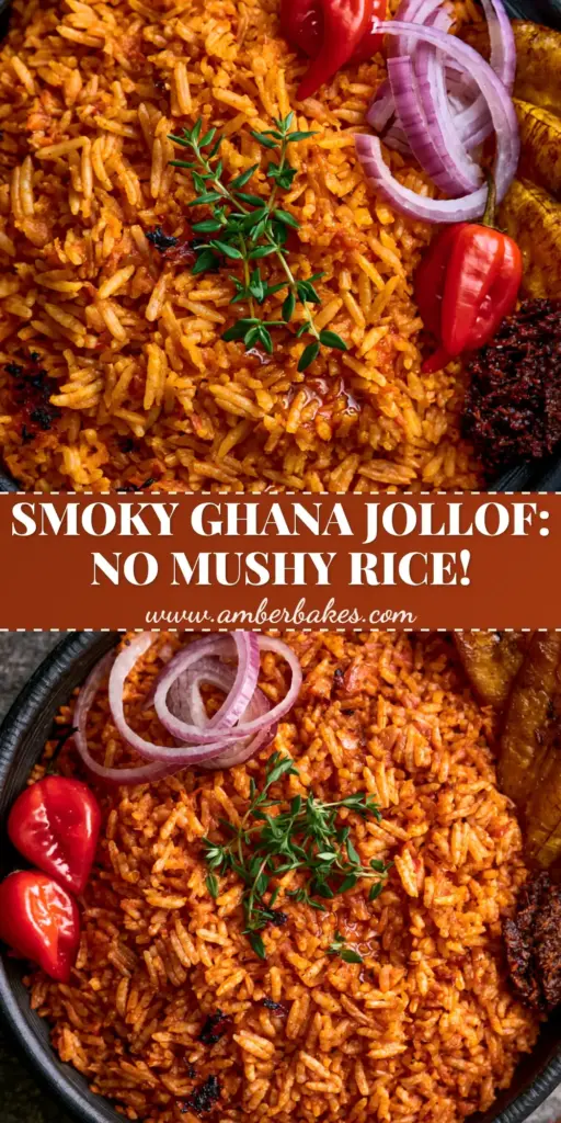 Ghana Jollof Rice: The Ultimate Guide to Authentic Smokey Flavor 4 A top-down macro shot of authentic Ghana Jollof Rice in a black earthenware bowl garnished with plantains, shito, and habaneros.