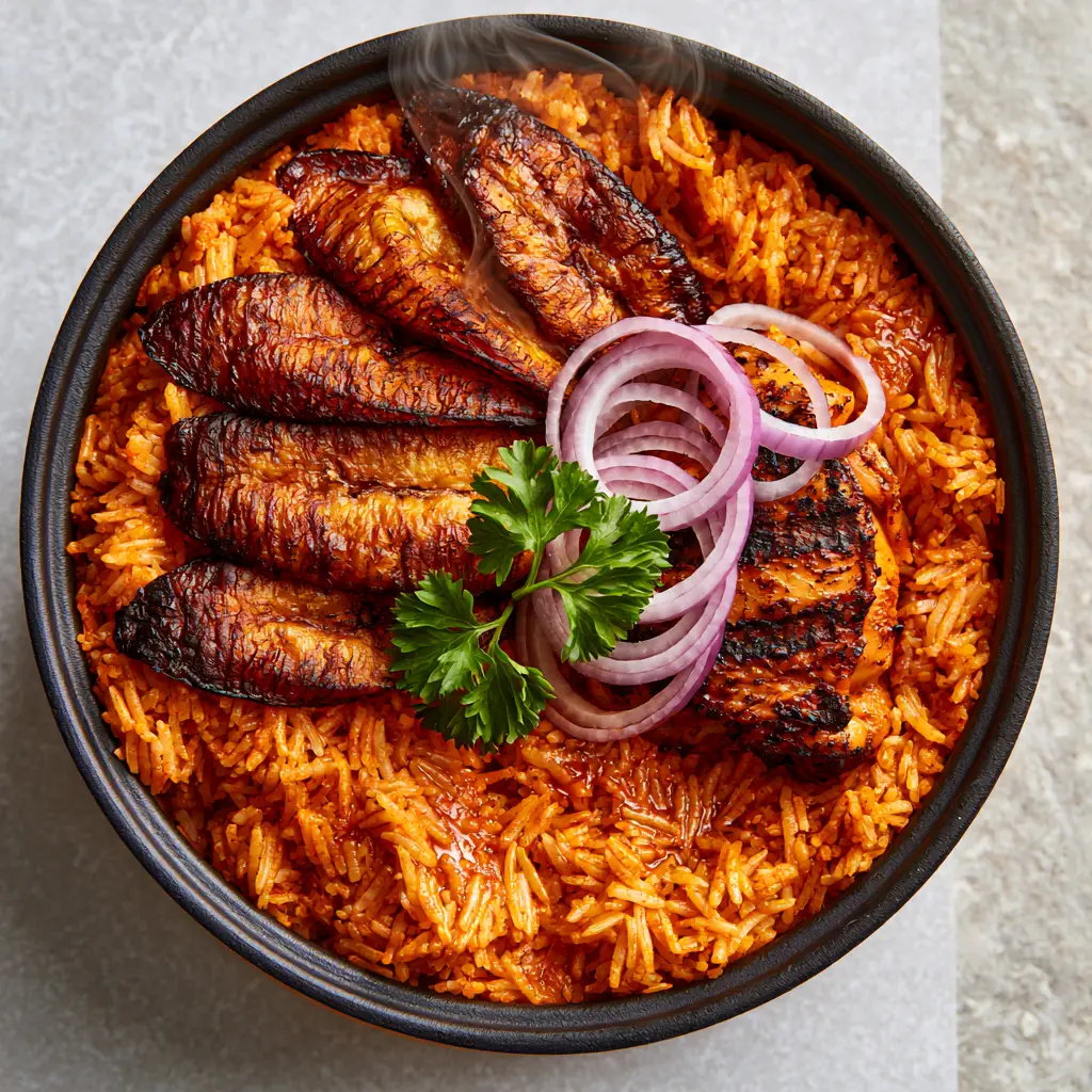Riz Jollof Nigérian: The Ultimate Smoky Party Rice Recipe 1 Riz Jollof Nigérian topped with caramelized diagonal plantain slices and char-grilled chicken thighs.