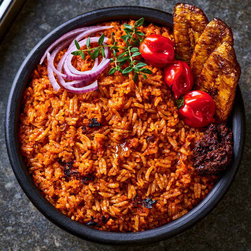Ghana Jollof Rice: The Ultimate Guide to Authentic Smokey Flavor 2 Close-up of Ghana Jollof Rice grains showing vibrant orange-red color and charred bits.
