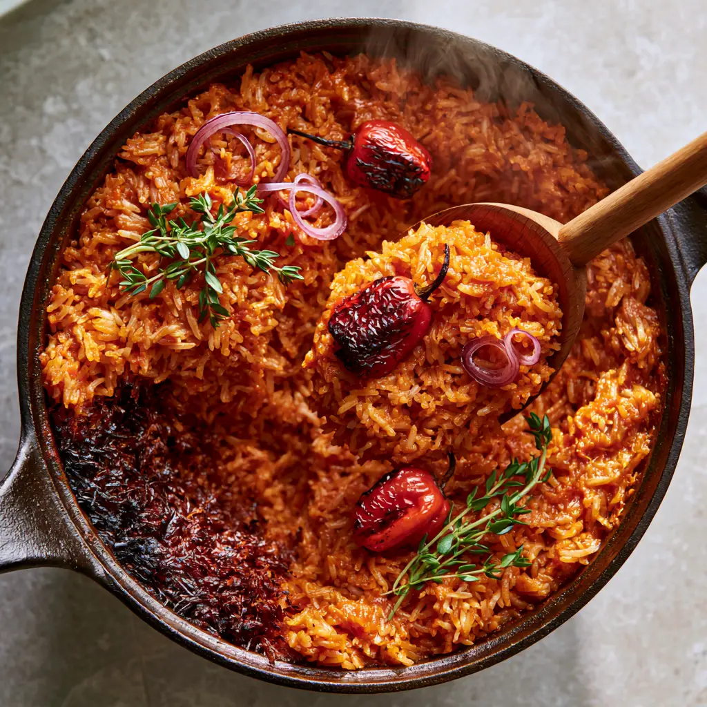 Cameroonian Jollof Rice: The Ultimate Smoky One-Pot Masterpiece 1 A wooden spoon lifting Cameroonian Jollof Rice to reveal the crispy dark brown burnt rice base.