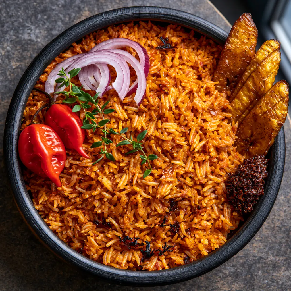 Ghana Jollof Rice: The Ultimate Guide to Authentic Smokey Flavor 1 Ghana Jollof Rice served with raw red onion rings, fresh thyme, and golden fried plantains.