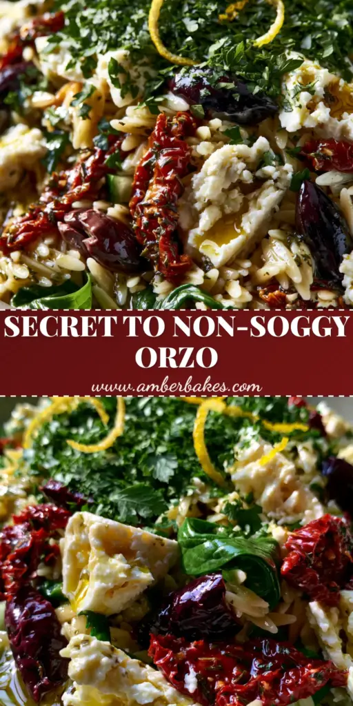 A close-up of Mediterranean Orzo pasta salad in a stone bowl with large feta chunks, olives, and lemon zest curls.