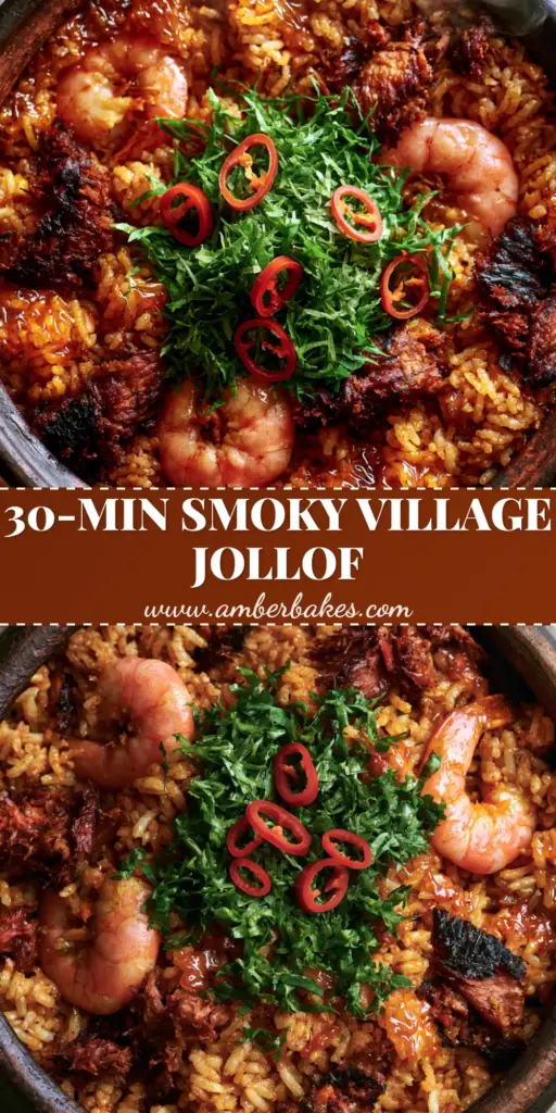 A rustic clay pot filled with Native Jollof Rice, featuring glossy red palm oil, succulent prawns, charred smoked fish flakes, and fresh scent leaves.