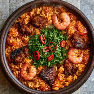 Macro shot of fluffy long-grain Native Jollof Rice with large pink prawns and charred fish flakes.