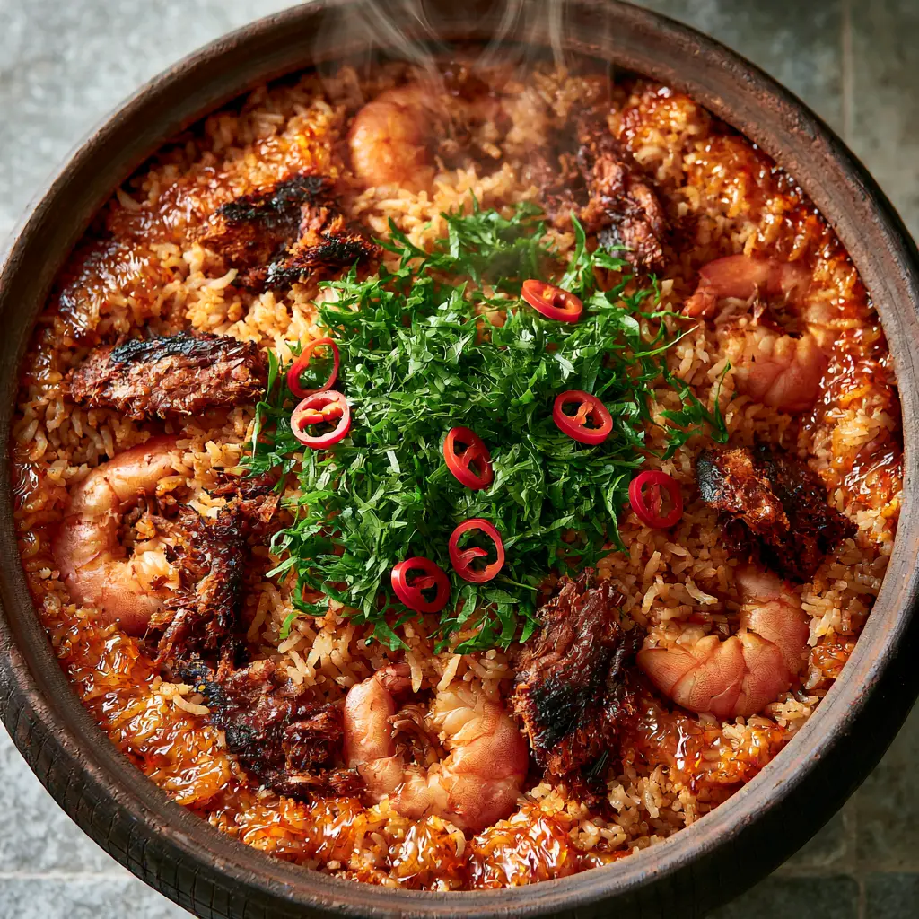 Top-down view of Native Jollof Rice garnished with green scent leaves and red scotch bonnet rings in a dark clay pot.