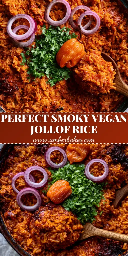 A close-up vertical shot of vegan jollof rice in a black Dutch oven with distinct orange grains, red onion rings, and a whole habanero garnish.