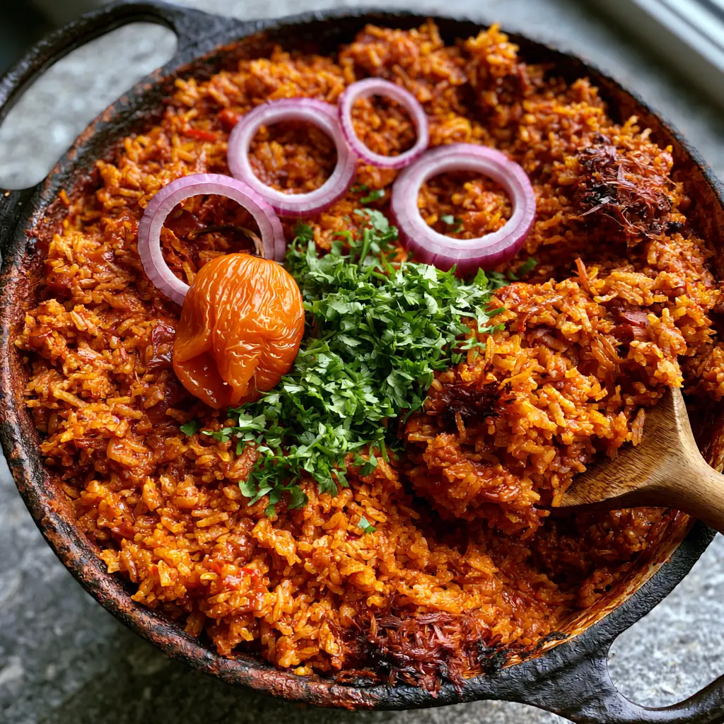A wooden spoon scooping up fluffy vegan jollof rice, revealing charred bits from the bottom of the pot.