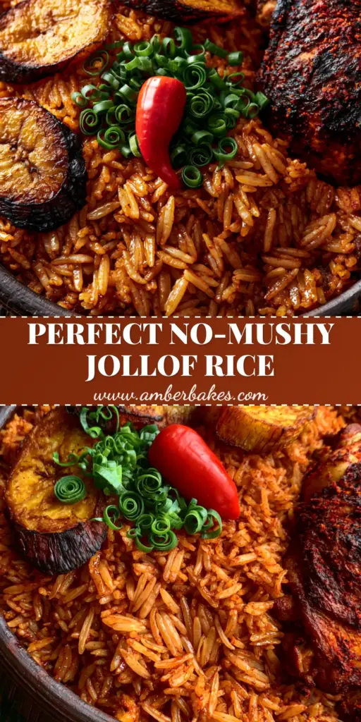 A close-up of authentic Ghanaian jollof rice served in an Asanka bowl with caramelized plantains and grilled chicken.