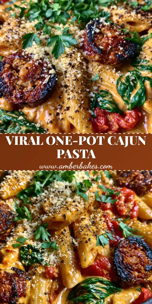 A vertical close-up of Cajun Sausage Pasta in a skillet with thick orange sauce, charred andouille, and fresh spinach.