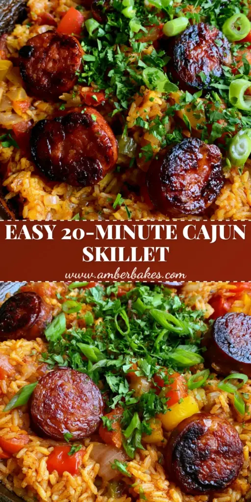 A high-angle shot of a black cast iron skillet containing Cajun Sausage and Rice Skillet with mahogany seared andouille and green scallions.