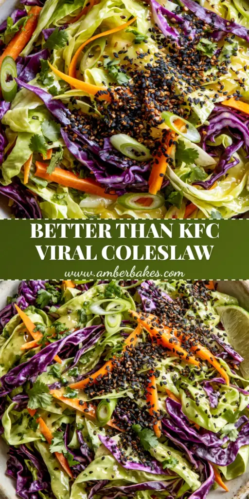 A top-down shot of vibrant purple and green coleslaw in a white bowl with toasted black sesame seeds. (coleslaw)
