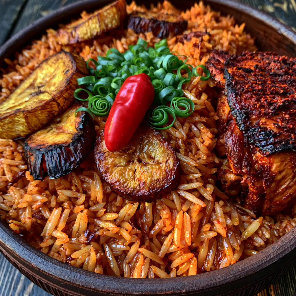 Ghanaian jollof rice topped with scallion curls, charred chicken, and a whole scotch bonnet pepper.