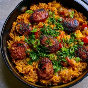 Close up of seared andouille sausage and golden-orange rice in a skillet. (Cajun Sausage and Rice Skillet)