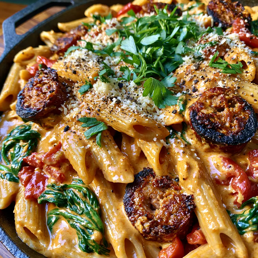 Skillet filled with Cajun Sausage Pasta, garnished with parmesan, parsley, and cracked black pepper.