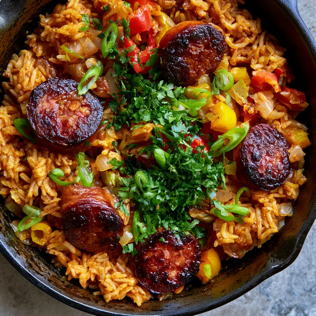 A rustic skillet filled with Cajun Sausage and Rice Skillet showing red and yellow bell peppers and fresh parsley.